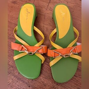 Vintage 80s Annie TM Multicolored Low Block Heel Dress Sandals Womens Size 9.5‎